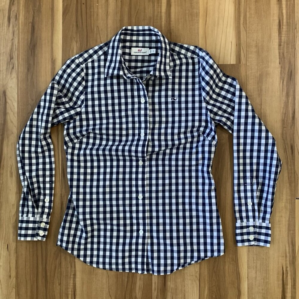 Vineyard Vines Women’s Navy Blue Size 0 Checkered Button Shirt Long Sleeve